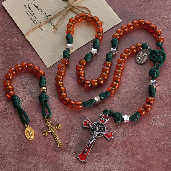 Amber-Tone Beads and Green Paracord Christmas Rosary with Holy Family Medal