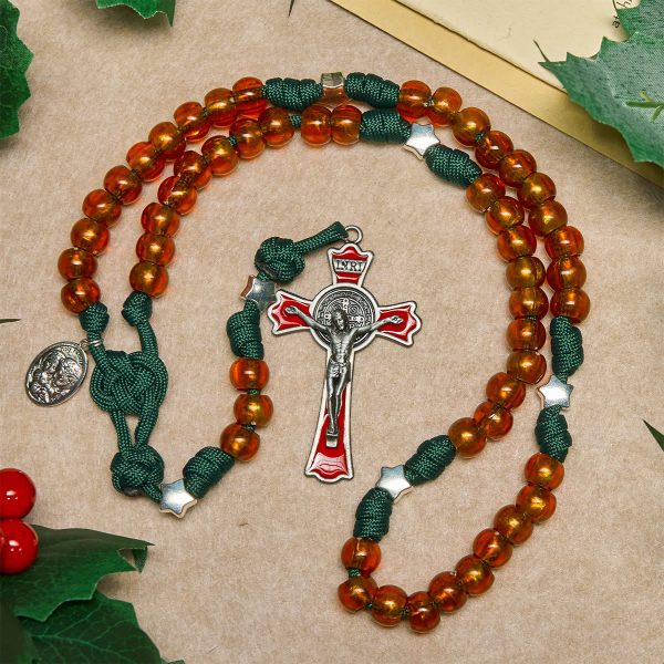 Amber-Tone Beads and Green Paracord Christmas Rosary with Holy Family Medal