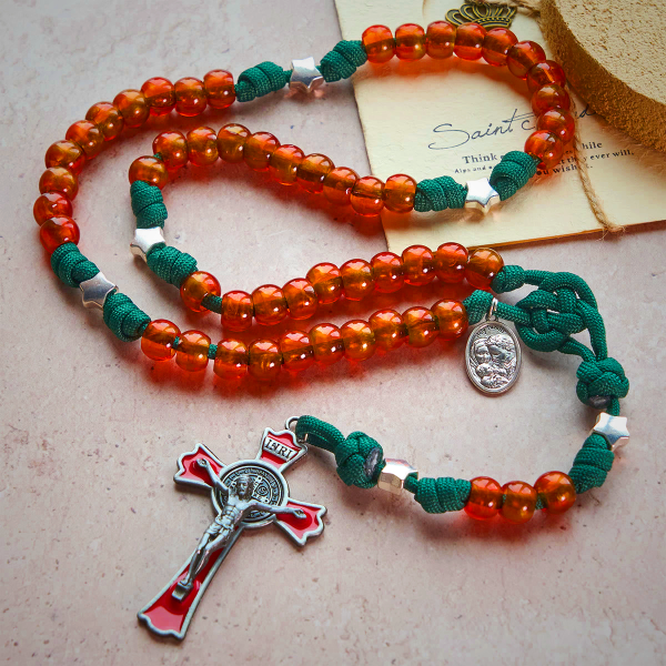 Amber-Tone Beads and Green Paracord Christmas Rosary with Holy Family Medal