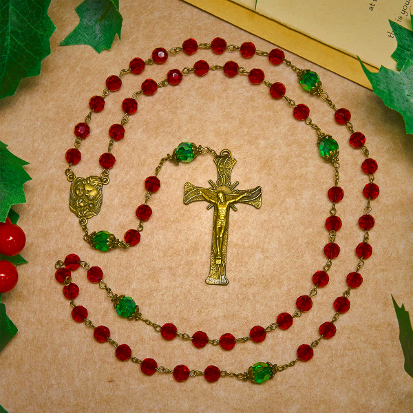 Nativity Faith Red and Green Beads Rosary: Guided by the Holy Family