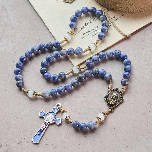 Immaculate Heart of Mary & Crucifix of 8 mm Round Blue Stone Nylon Cord Rosary
