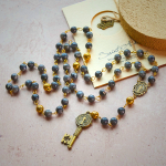 Miraculous Medal & Saint Benedict Key of 8 mm Round Black Stone Alloy Chain Rosary