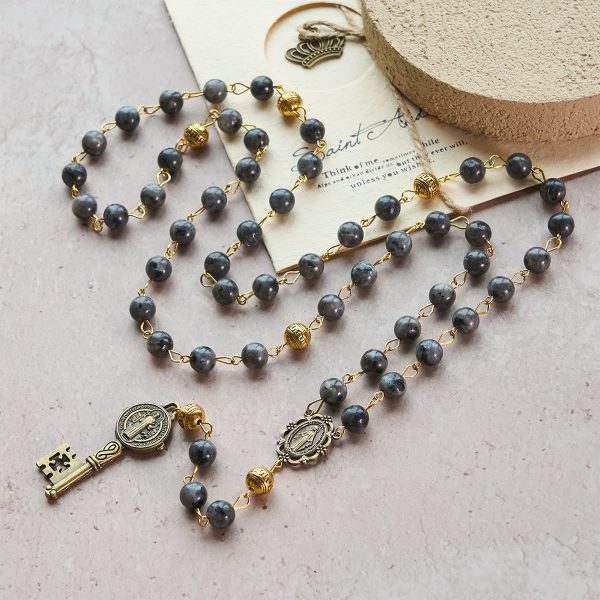 Miraculous Medal & Saint Benedict Key of 8 mm Round Black Stone Alloy Chain Rosary