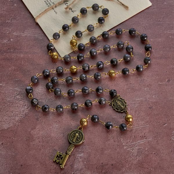 Miraculous Medal & Saint Benedict Key of 8 mm Round Black Stone Alloy Chain Rosary