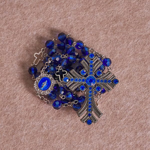 Christianartworkshop Miraculous Medal & Cross of 8 mm Polyhedron Blue Crystal Alloy Chain Rosary