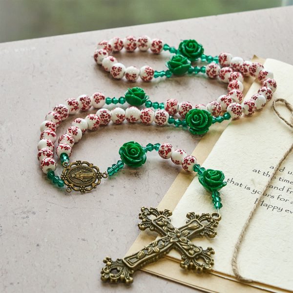 Red Floral Ceramic Beads Rosary with Green Rose: The Garden of Mary's Love
