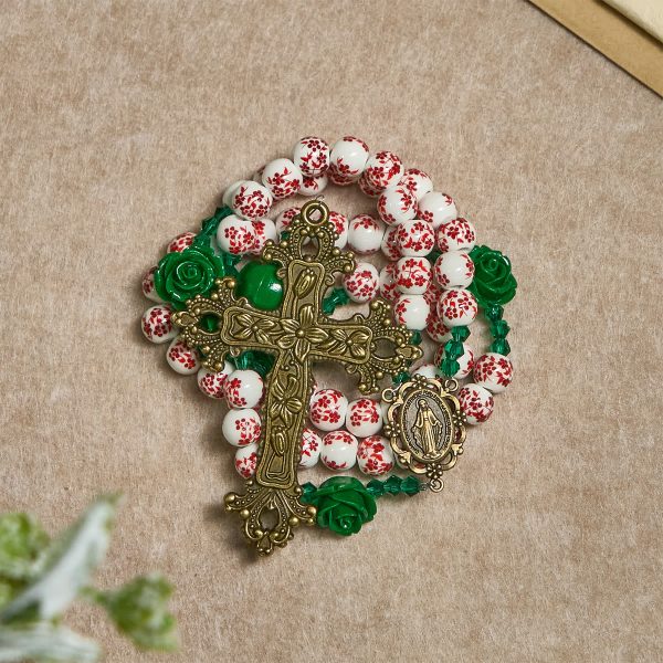 Red Floral Ceramic Beads Rosary with Green Rose: The Garden of Mary's Love