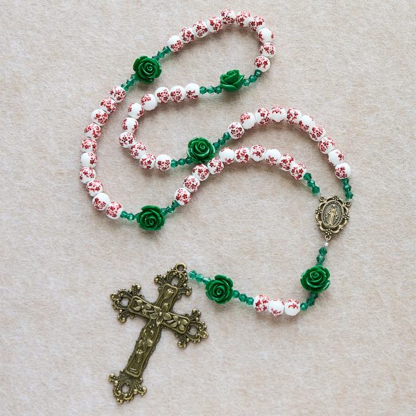 Red Floral Ceramic Beads Rosary with Green Rose: The Garden of Mary's Love