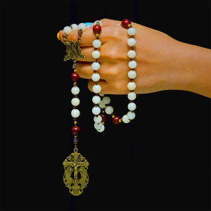 White Bodhi & Brown Wood Sacred Harmony Rosary with Antique Our Lady