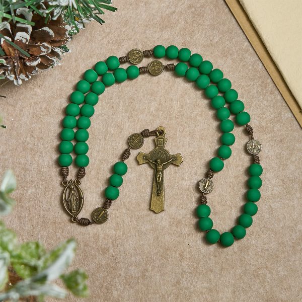 Matte Green Rubber Beads Rosary with St. Benedict Protection