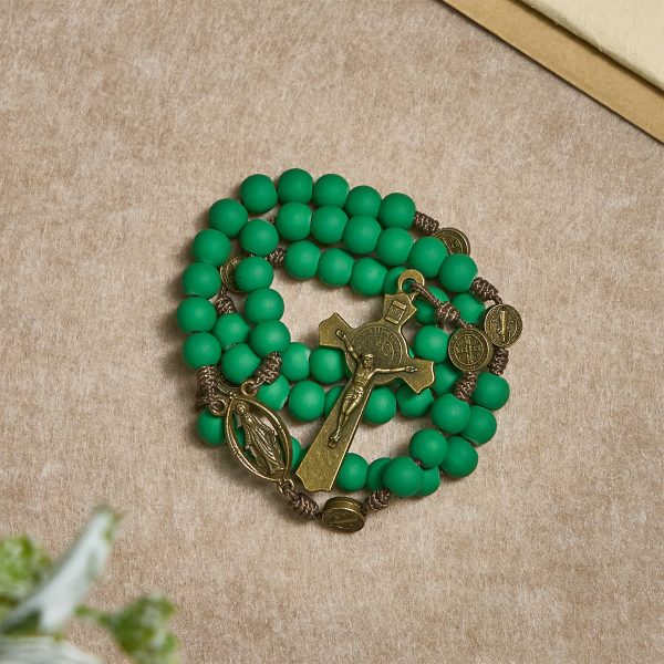 Matte Green Rubber Beads Rosary with St. Benedict Protection