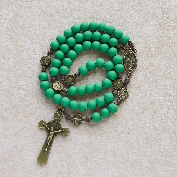 Matte Green Rubber Beads Rosary with St. Benedict Protection