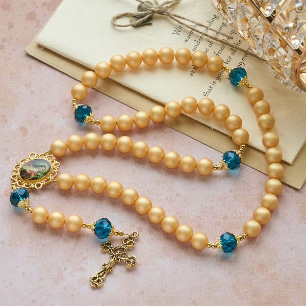 Christianartworkshop Elegant Matte Golden Pearl Rosary with St. Therese and Crucifix