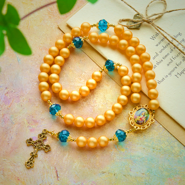Elegant Matte Golden Pearl Rosary with St. Therese and Crucifix