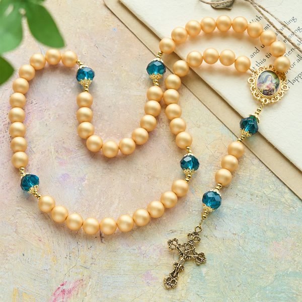 Christianartworkshop Elegant Matte Golden Pearl Rosary with St. Therese and Crucifix