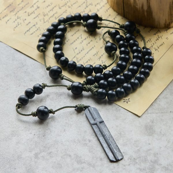 Christianartworkshop Rustic-Contemporary Cross of 7 mm Round Natural Wood Beads Rope Weaving Chain Rosary