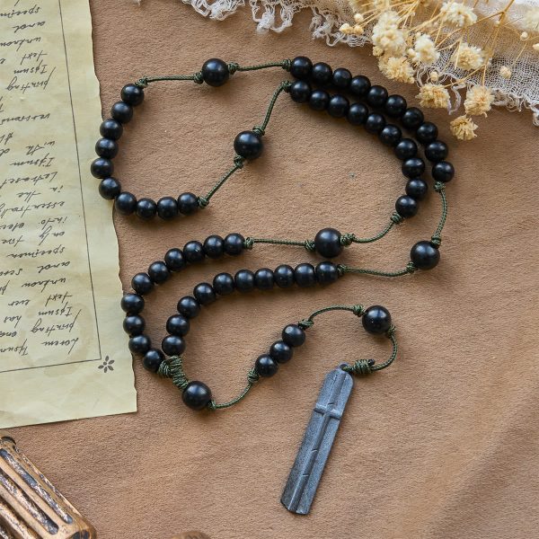 Christianartworkshop Rustic-Contemporary Cross of 7 mm Round Natural Wood Beads Rope Weaving Chain Rosary