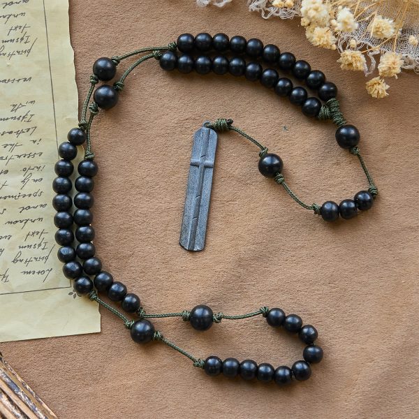 Christianartworkshop Rustic-Contemporary Cross of 7 mm Round Natural Wood Beads Rope Weaving Chain Rosary