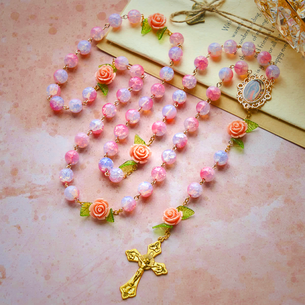 Virgin Mary with Rose-Accented Rosary: Timeless Faith & Floral Faith Symbol