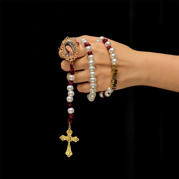 Graceful White Custom Rosary with Burgundy Paracord & Personalized JESUS Letters
