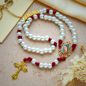 Graceful White Custom Rosary with Burgundy Paracord & Personalized JESUS Letters