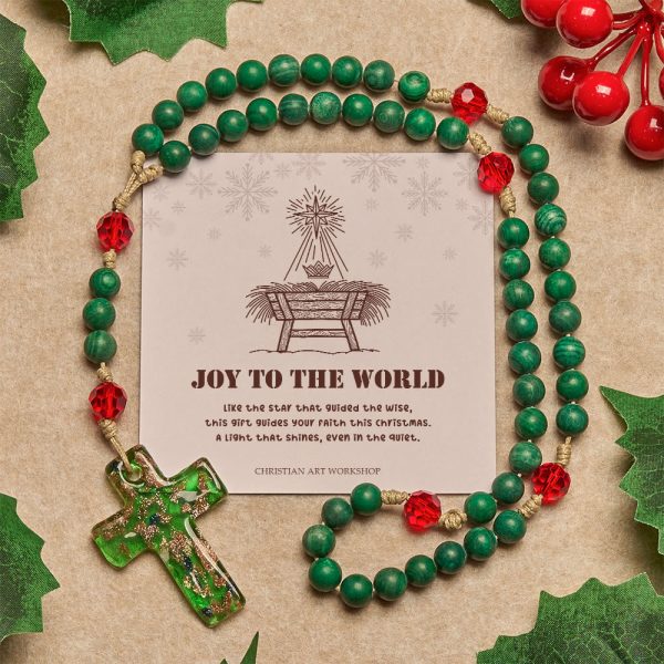 Christmas Gift: Green Patterned Stone Rosary for Devout Prayer: Green-Golden Glass Cross