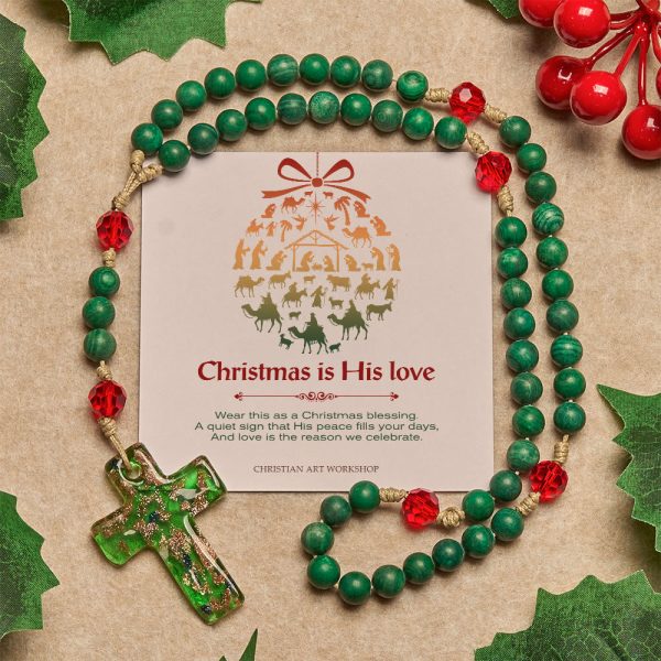 Christmas Gift: Green Patterned Stone Rosary for Devout Prayer: Green-Golden Glass Cross