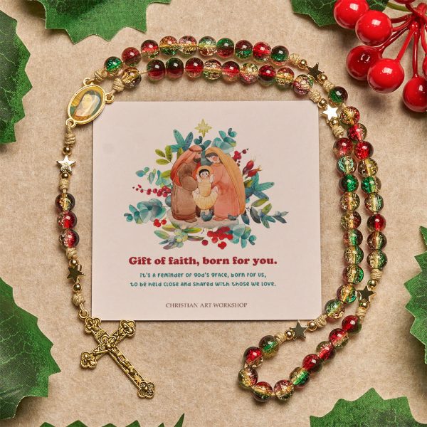 Christmas Gift: Christmas Glass Bead Rosary: Our Lady of Guadalupe Medal & Golden Crucifix