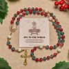 Christmas Gift: Christmas Red-Blue Glass Bead Rosary: Our Lady Medal & Ornate Cross