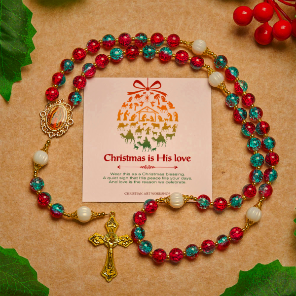 Christmas Gift: Christmas Red-Blue Glass Bead Rosary: Our Lady Medal & Ornate Cross