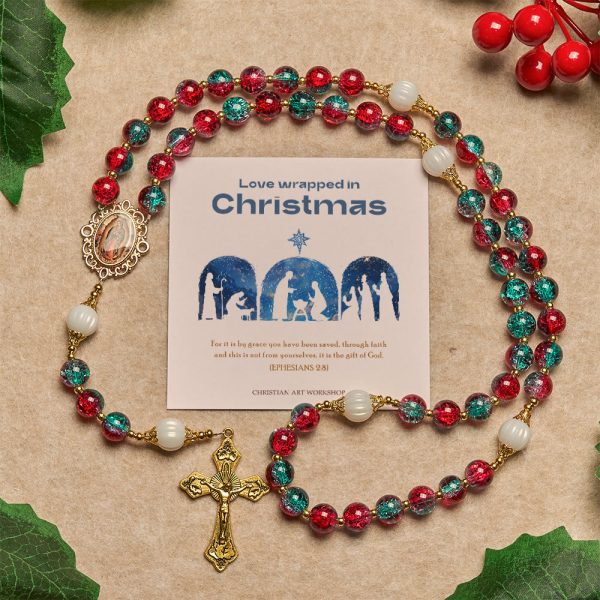Christmas Gift: Christmas Red-Blue Glass Bead Rosary: Our Lady Medal & Ornate Cross
