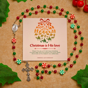 Christmas Gift: Festive Christmas Rosary: Red - Green Beads, Candy Shapes & Crucifix