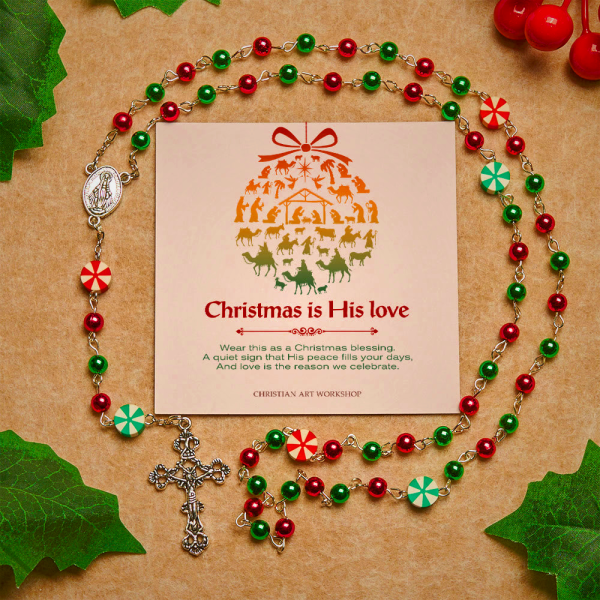Christmas Gift: Festive Christmas Rosary: Red - Green Beads, Candy Shapes & Crucifix