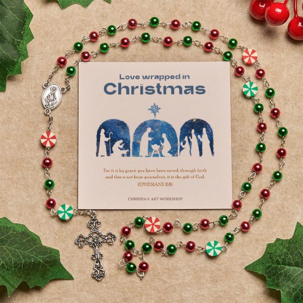 Christmas Gift: Festive Christmas Rosary: Red - Green Beads, Candy Shapes & Crucifix