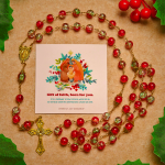 Christmas Gift: Christmas - Themed Red Bead Rosary with Golden Crucifix & Madonna Medal