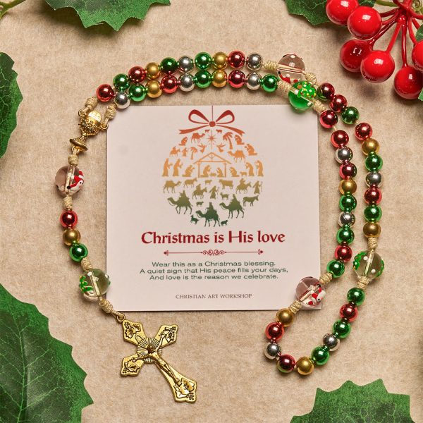 Christmas Gift: Christmas Atmosphere Rosary: Colorful Beads & Ornate Golden Crucifix