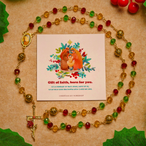 Christmas Gift: Vintage Red Green Faceted Beads Christmas Rosary with Our Lady & Rose Crucifix