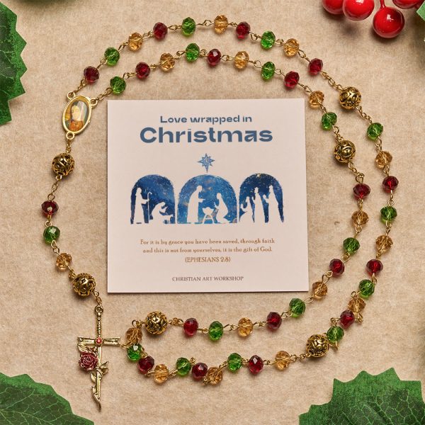 Christmas Gift: Vintage Red Green Faceted Beads Christmas Rosary with Our Lady & Rose Crucifix