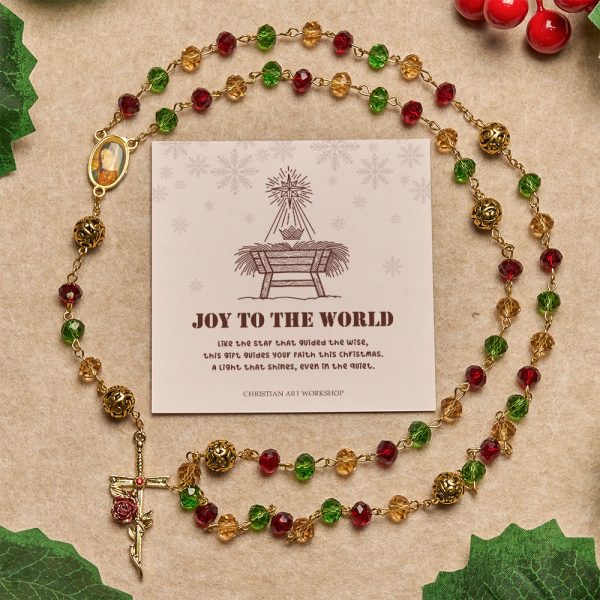 Christmas Gift: Vintage Red Green Faceted Beads Christmas Rosary with Our Lady & Rose Crucifix