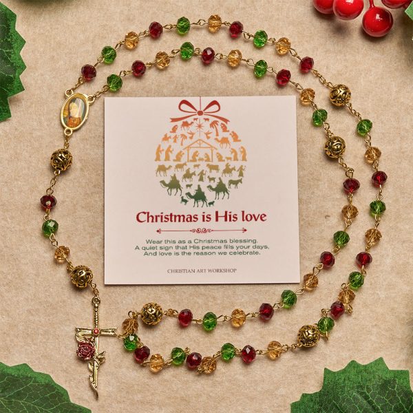 Christmas Gift: Vintage Red Green Faceted Beads Christmas Rosary with Our Lady & Rose Crucifix