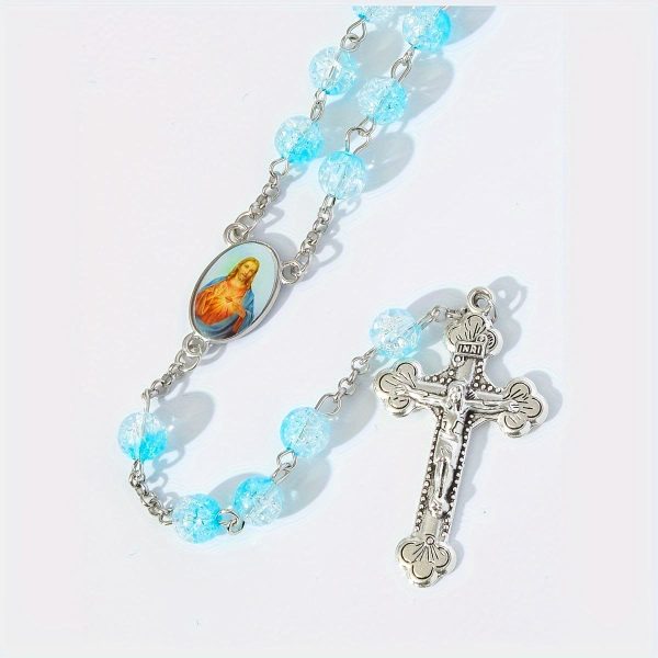 Celestial Blue Glass Beads Rosary with Jesus Heart & Crucifix