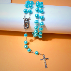Virgin Mary Medal & Crucifix Pendant Pearl Necklace (4 colors for choice)