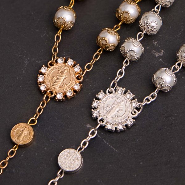 Christian Glass Beads St. Benedict & Jesus Cross Bracelet Rosary