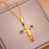 Retro Bohemian Style Colored Zirconia Cross Titanium Steel Necklace
