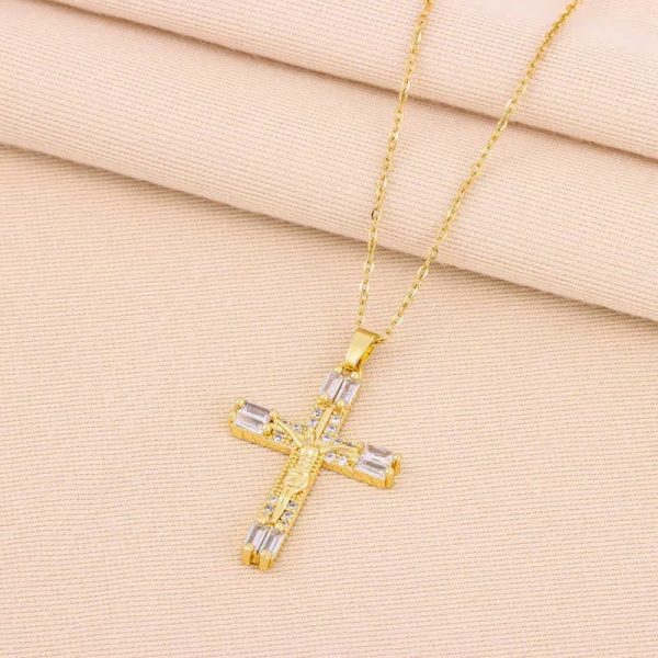 Christianartworkshop Retro Bohemian Style Colored Zirconia Cross Titanium Steel Necklace