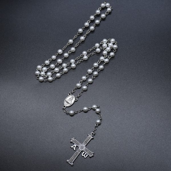 San Juan del Valle Medal & Cross of 6 mm Round White Glass Alloy Chain Rosary