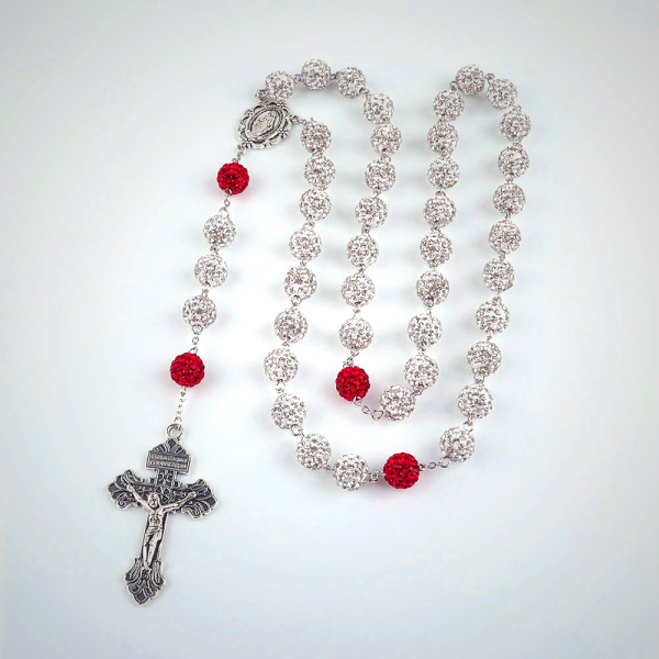 Miraculous Medal & Crucifix of 8 mm Round Silver Metal Gems Alloy Chain Rosary