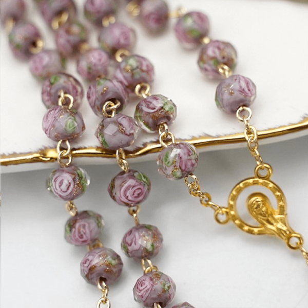 Christianartworkshop Flower Rose Glazed Beads Rosary with Mary & Crucifix