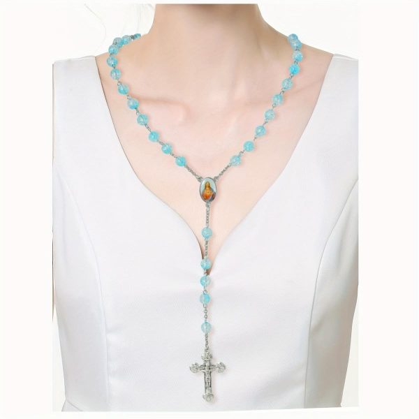 Celestial Blue Glass Beads Rosary with Jesus Heart & Crucifix