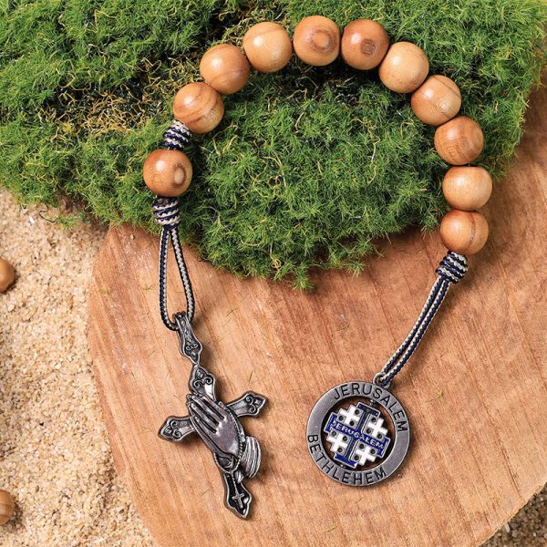 Praying Hands & Jerusalem Medal: Olive Wood Bless Pocket Rosary